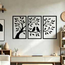 Set Of 3 Tree Love Birds Metal Wall Art Set, Branch Couple Iron Hanging, Nature Silhouette Living Room Home Decor