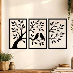 Set Of 3 Tree Love Birds Metal Wall Art Set, Branch Couple Iron Hanging, Nature Silhouette Living Room Home Decor - thumbnail 3