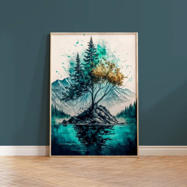Turquoise Lake House Print Nature Tree Watercolor Art - image 1