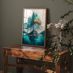 Turquoise Lake House Print Nature Tree Watercolor Art - thumbnail 3