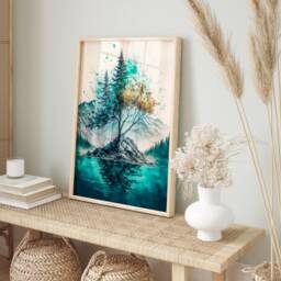 Turquoise Lake House Print Nature Tree Watercolor Art - thumbnail 2