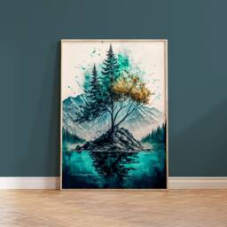 Turquoise Lake House Print Nature Tree Watercolor Art - thumbnail 1