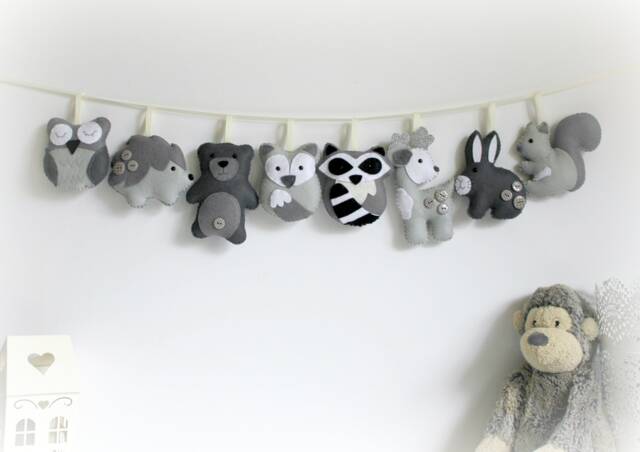 Felt Woodland Garland Grey Nursery Decor, Handmade Animals - image 1