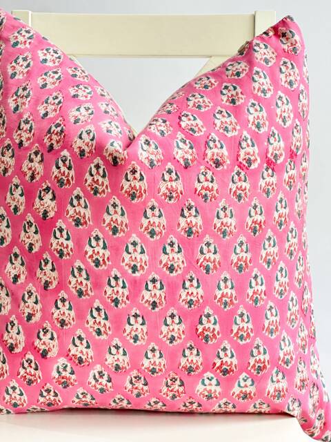 Block Print Pillow Pink Floral Hmong Hemp, Boho Farmhouse Decor - image 1