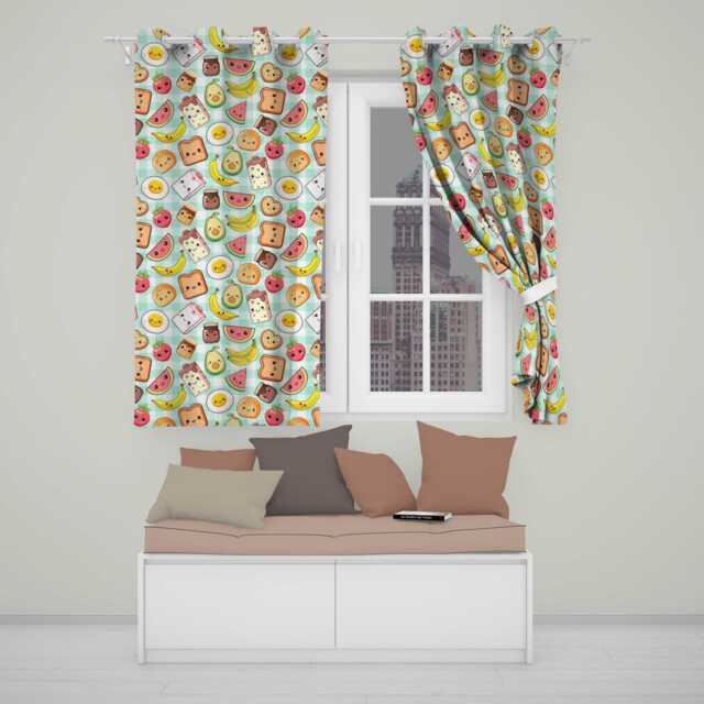 Cute Kawaii Breakfast Food Seamless Pattern Teal Gingham Background Readymade Eyelet Ring Top Thermal 100% Blackout Curtains - image 1