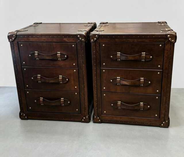 Bedside Nightstand Pair - Bridle Leather English Cabinets With Drawer Storage - image 1