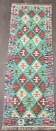 Turquoise Runner Rug, Handmade Artisan Afghan Turkish Persian Navajo Bohemian Kilim Rug 200x72 cm - thumbnail 1