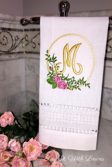 Heirloom Roses Monogram Linen Guest Towel Embroidered Bathroom Decor - image 1