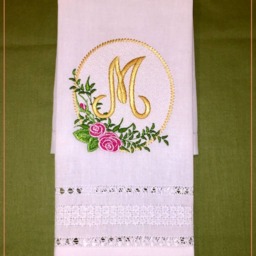 Heirloom Roses Monogram Linen Guest Towel Embroidered Bathroom Decor - thumbnail 2