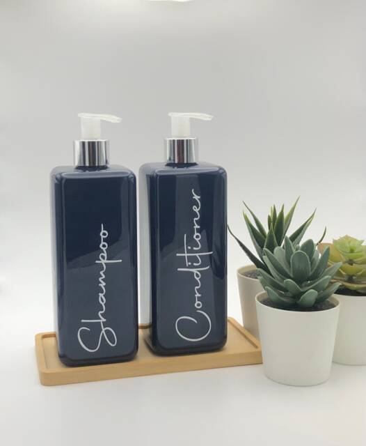 Navy Blue Square Bottle With Clear/Silver Pump - 500Ml Refillable Reusable Soap Dispenser Any Word Shampoo Conditioner Wash Liquid