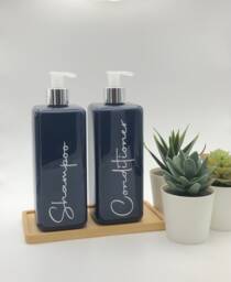 Navy Blue Square Bottle With Clear/Silver Pump - 500Ml Refillable Reusable Soap Dispenser Any Word Shampoo Conditioner Wash Liquid - thumbnail 1