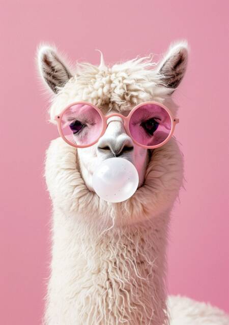 Funny Animal Wall Art Pink Llama Bubble Gum Wearing Glasses - A4 A3 A2 Festival Merch