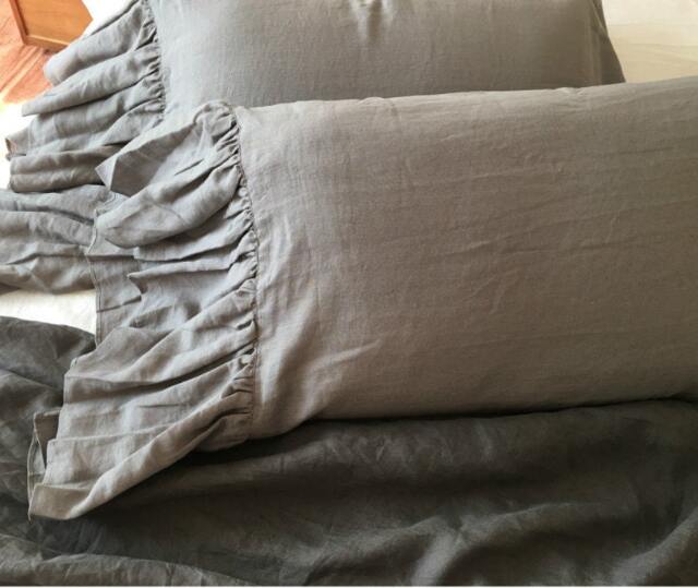 A Pair Of Shabby Chic Pillow Covers in Medium Grey Linen, Linen Pillow With Long Ruffles, Inspired By French Country Style - image 1