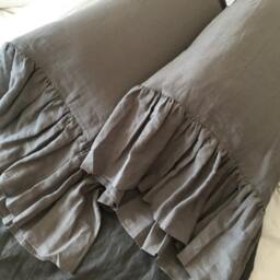 A Pair Of Shabby Chic Pillow Covers in Medium Grey Linen, Linen Pillow With Long Ruffles, Inspired By French Country Style - thumbnail 2