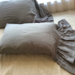 A Pair Of Shabby Chic Pillow Covers in Medium Grey Linen, Linen Pillow With Long Ruffles, Inspired By French Country Style - thumbnail 3