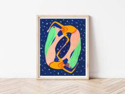 Bohemian Art, Colourful Wall Art Poster For Girls Room, Mermaids Decor, Twin Sister Gift, Under The Sea Nursery Blue Posterfor Mother - thumbnail 1