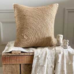 Jute Lace, Mother Of Pearl Embroidered Circle & Dots Beige Cotton Linen, 24x24/26x26 Contemporary Euro Sham - Back To Earth - thumbnail 2