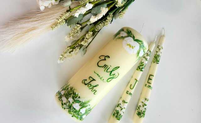 Hand Painted Wedding Candle, Bespoke, Personalized Taper Candles, Customized, Floral Bride Groom Favor - image 1