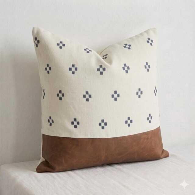 Chiang Mai Cotton Block Print Pillow Cover, Leather Accent - image 1