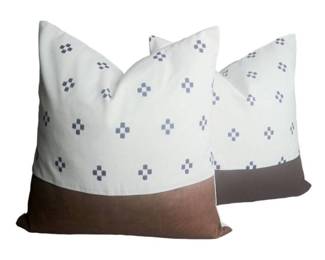 Chiang Mai Cotton Block Print Pillow Cover, Leather Accent - image 1