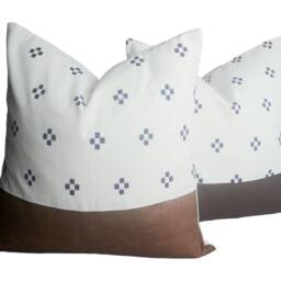 Chiang Mai Cotton Block Print Pillow Cover, Leather Accent - thumbnail 2
