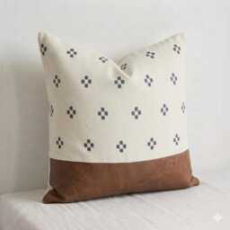 Chiang Mai Cotton Block Print Pillow Cover, Leather Accent