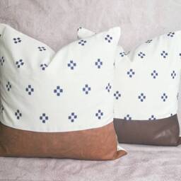 Chiang Mai Cotton Block Print Pillow Cover, Leather Accent - thumbnail 2