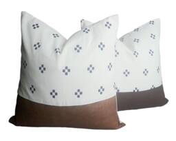 Chiang Mai Cotton Block Print Pillow Cover, Leather Accent - thumbnail 1
