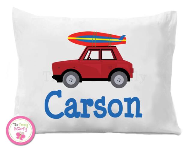 Red Surfboard Car Pillow Case, Personalized Kids Bedding - image 1