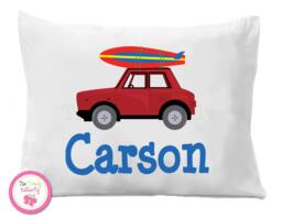 Red Surfboard Car Pillow Case, Personalized Kids Bedding