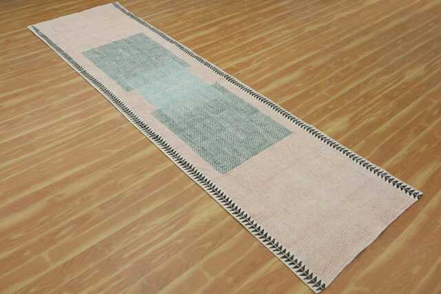 Hand Block Printed Cotton Runner Rug, Green Boho Hallway Decor - image 1
