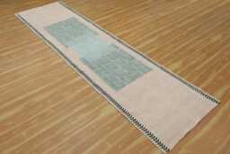 Hand Block Printed Cotton Runner Rug, Green Boho Hallway Decor - thumbnail 1