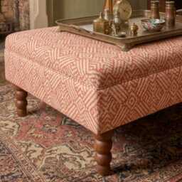 Linwood Fable Weaves Tanuki Fabric Upholstered Footstool With Wooden Legs, Vintage Modern Coffee Table - thumbnail 3