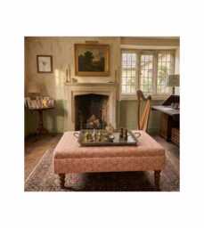 Linwood Fable Weaves Tanuki Fabric Upholstered Footstool With Wooden Legs, Vintage Modern Coffee Table - thumbnail 1