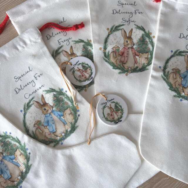 Personalised Bunny Stocking, Custom Holiday Keepsake, Special Delivery Gift Bag, Linen Christmas Sack - image 1