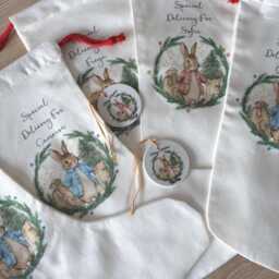 Personalised Bunny Stocking, Custom Holiday Keepsake, Special Delivery Gift Bag, Linen Christmas Sack - thumbnail 1