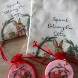 Personalised Bunny Stocking, Custom Holiday Keepsake, Special Delivery Gift Bag, Linen Christmas Sack - thumbnail 3