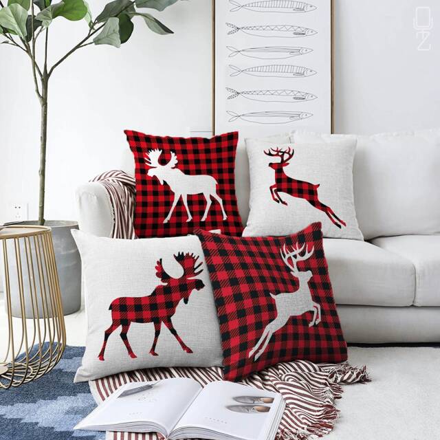 Christmas Pillow Covers With 4 Pattern Options - Reindeers Tartan Double Sided Printing On The Chenille Different Sizes - image 1