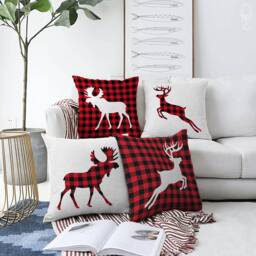 Christmas Pillow Covers With 4 Pattern Options - Reindeers Tartan Double Sided Printing On The Chenille Different Sizes - thumbnail 1