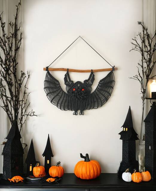 Macrame Hanging Bats, Black Decor, Wall Hanging, Bats Halloween, Spooky Decoration, Witchy Home, Gothic Gifts For Witches I22 - image 1