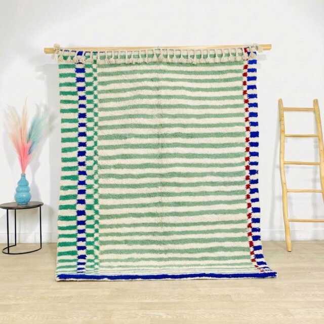 Mint Green & White Striped Moroccan Rug - Large 9x12 Area Handmade Berber Shag With Colorful Geometric Borders - image 1