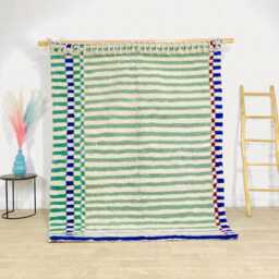 Mint Green & White Striped Moroccan Rug - Large 9x12 Area Handmade Berber Shag With Colorful Geometric Borders - thumbnail 1