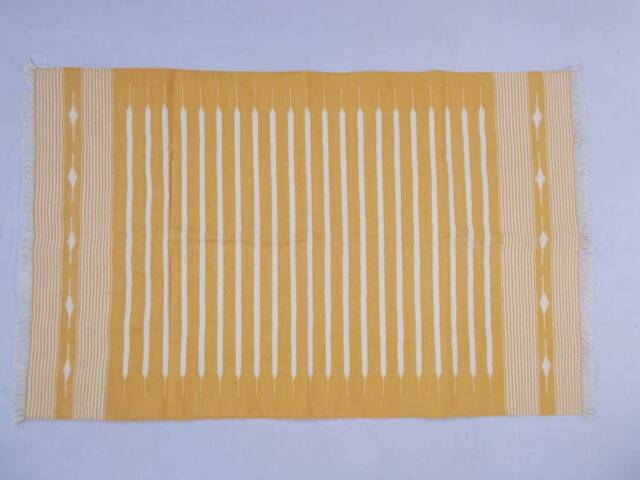 Multiple Sizes Yellow & White Stripes Handmade Cotton Rug Dhurrie - Colour - image 1
