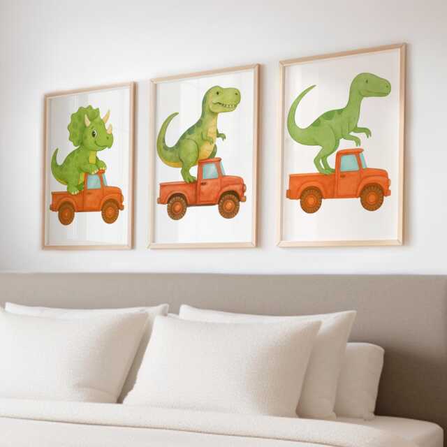 Dino Vehicle Print Set Of 3 - Dinosaur Driving Trucks Wall Art Fun Nursery Or Boys Bedroom Decor A3 A4 Gift For Kids Toddler Room - image 1