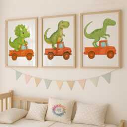 Dino Vehicle Print Set Of 3 - Dinosaur Driving Trucks Wall Art Fun Nursery Or Boys Bedroom Decor A3 A4 Gift For Kids Toddler Room - thumbnail 2
