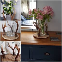 Wooden Candle Holder Plant /Vase Stand . Solid Oak With Antlers Rustic Bespoke Handmade .vases/Plants Etc Not Included - thumbnail 1