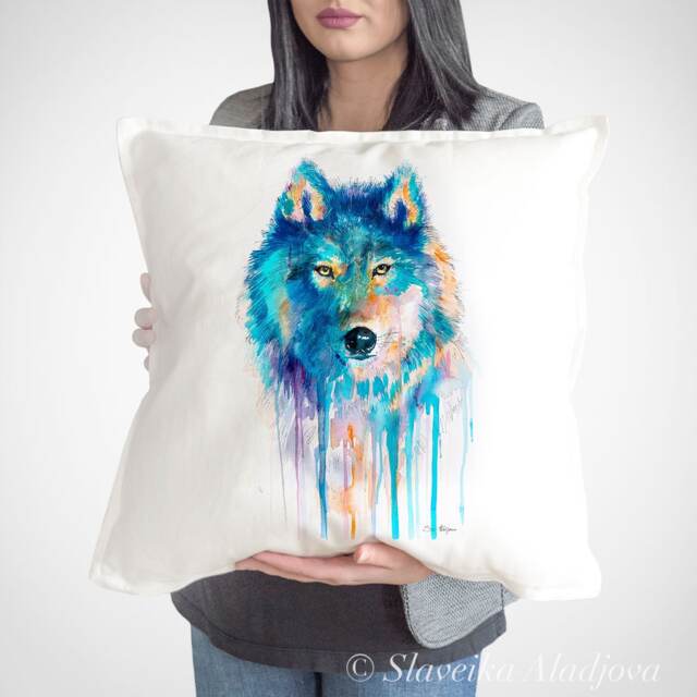 Wolf Cushion Cover, Throw Pillow, Decorative Animal Art, Watercolor Cute Wolf Print - image 1