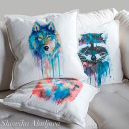 Wolf Cushion Cover, Throw Pillow, Decorative Animal Art, Watercolor Cute Wolf Print - thumbnail 2