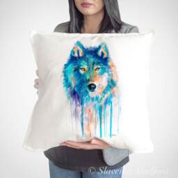 Wolf Cushion Cover, Throw Pillow, Decorative Animal Art, Watercolor Cute Wolf Print - thumbnail 1