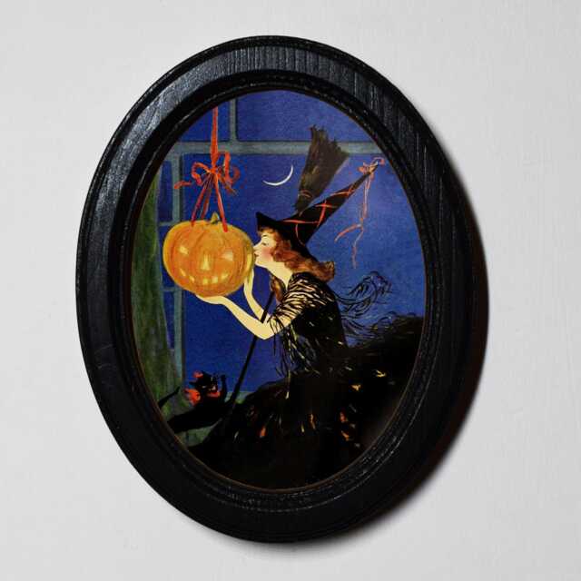 Halloween Black Oval Wooden Framed Picture, Celebrate 3 X 4 Gothic Print, Witchy Wall Hanging - image 1